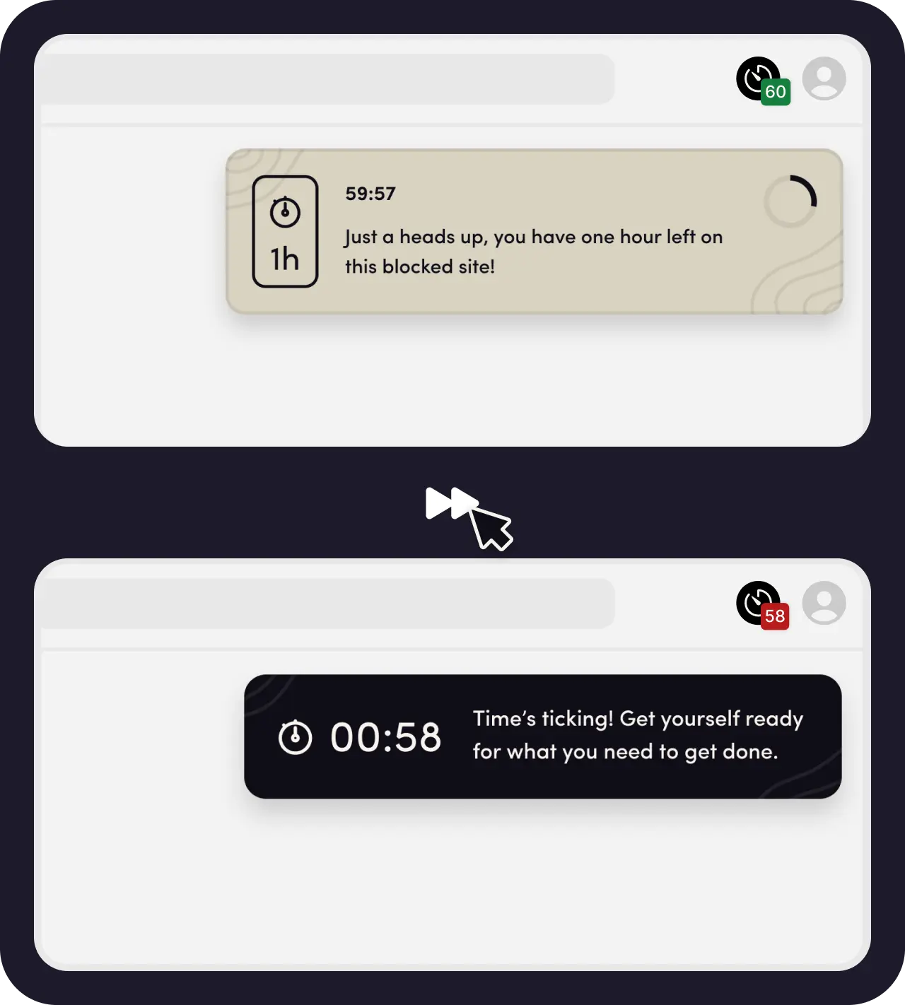 Intentio time triggers with countdown messages during blocked session.